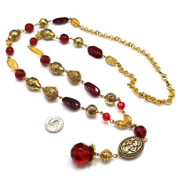 Vintage Long Tassel Necklace, Large Red Lucite & Filigree beads, Wire Wrapped - Picture 8 of 10